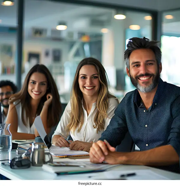 Three people sitting at a table and smiling at the camera