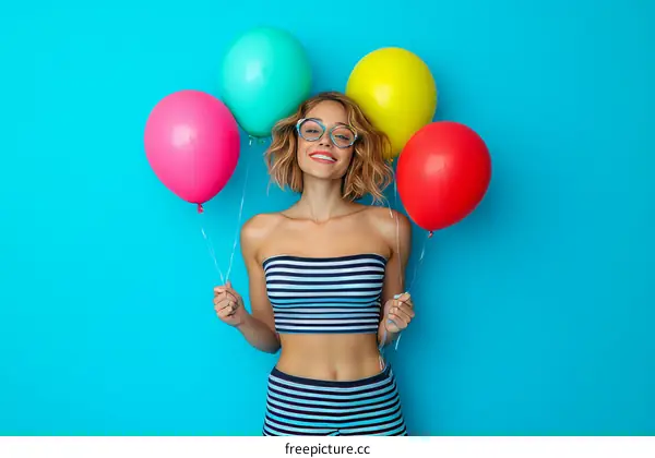 Woman with Colorful Balloons against a Blue Background
