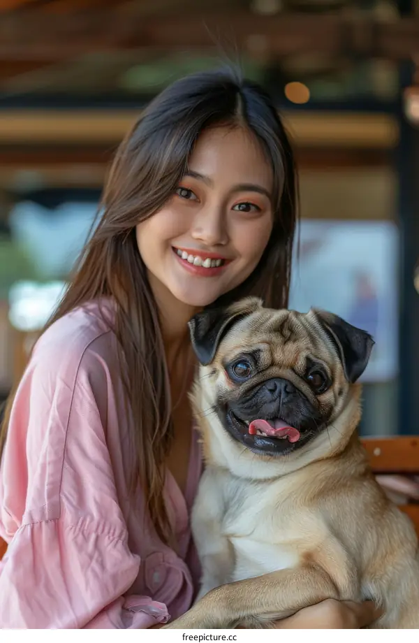 pug smiling with a girl