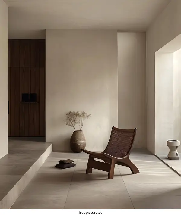 Minimalist Living Room Interior Design with Wooden Chair and Vase