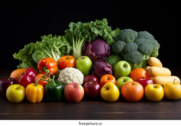 A variety of fresh fruits and vegetables are arranged on a wooden table.