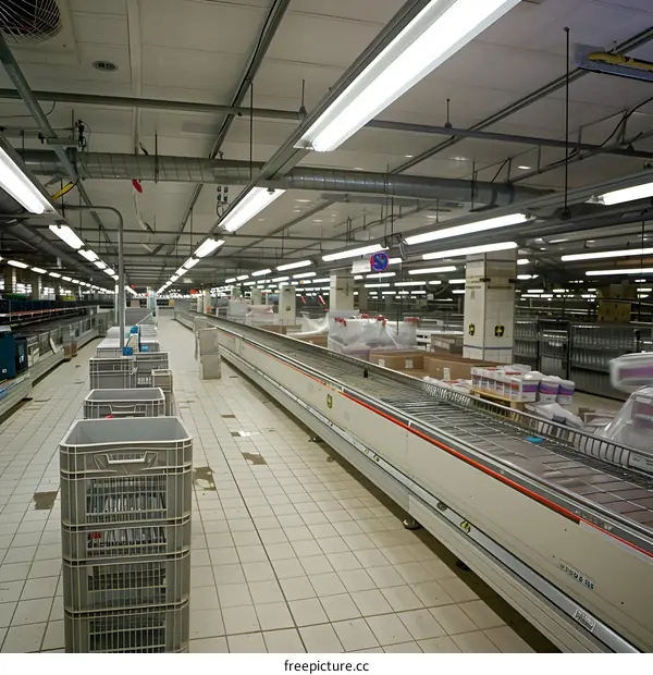 Empty Conveyor Belt System in Warehouse