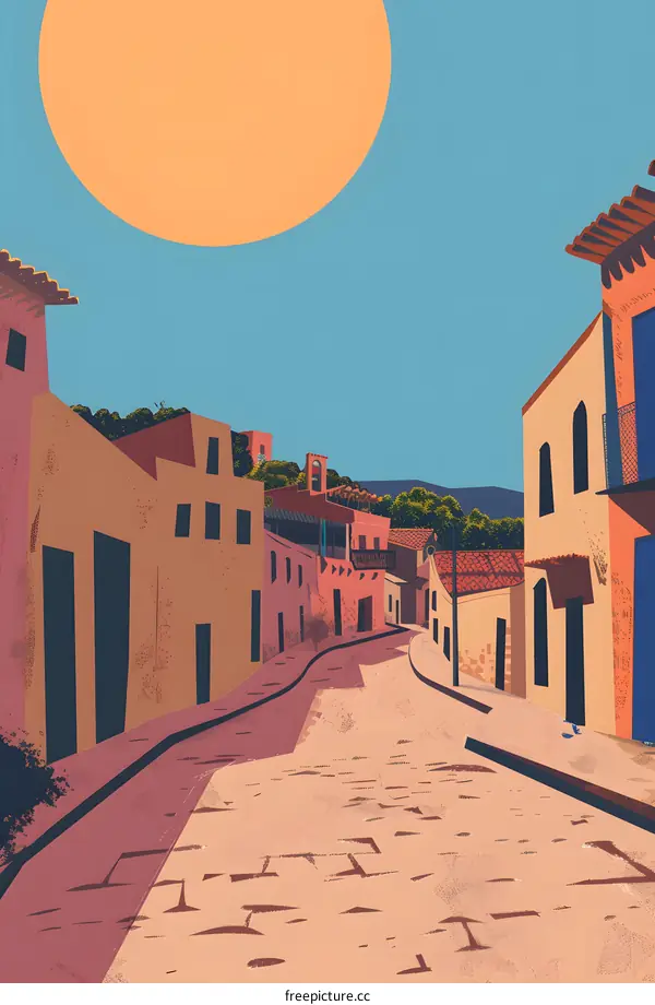 Illustration of an Old Town with Cobblestone Streets and a Large Sun