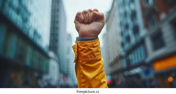 Raised fist in front of an urban background
