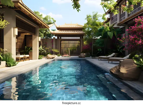 Modern Asian Style Poolside with Minimalist Architecture