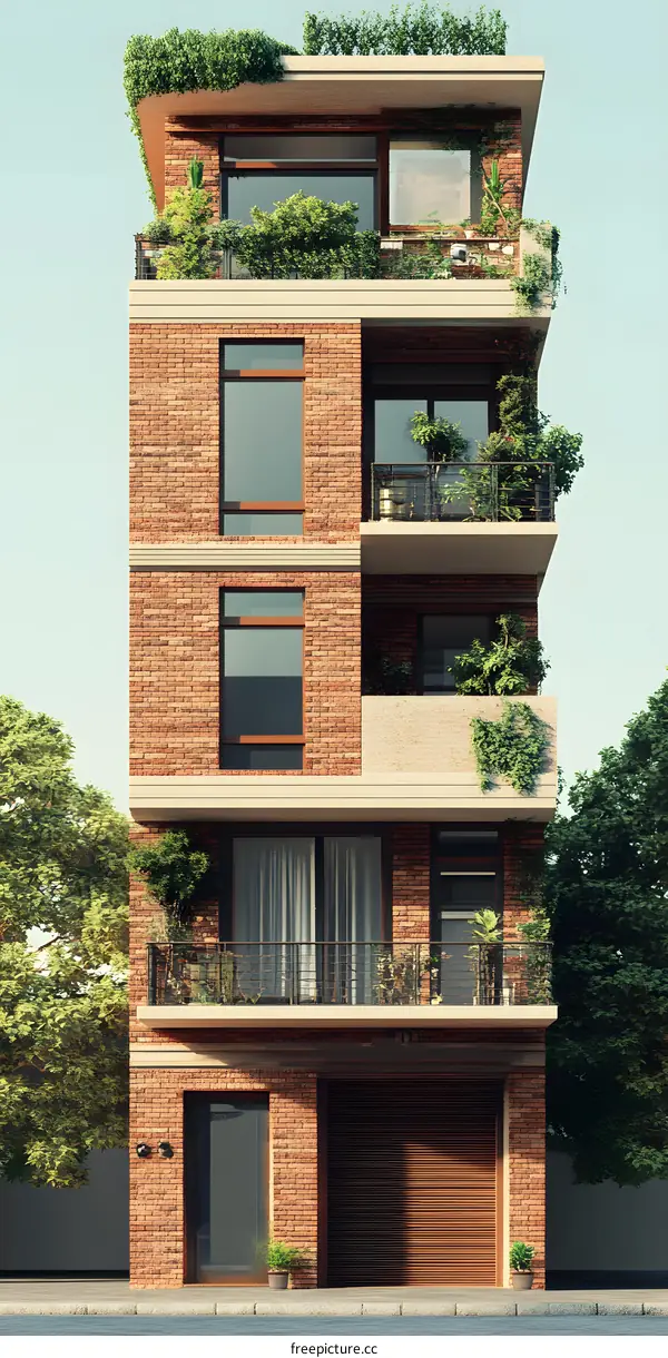 Brick Building With Balcony And Green Plants