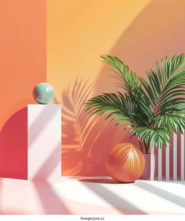 Minimalist 3D Rendered Illustration with Orange and Pink Background and Palm Tree