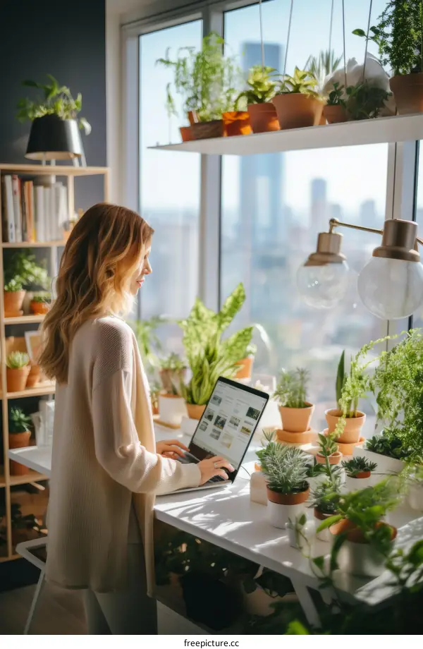 A woman is working on her laptop in a home office surrounded by plants.