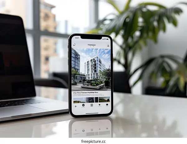 Modern Building with Green Roof on Mobile Phone Screen