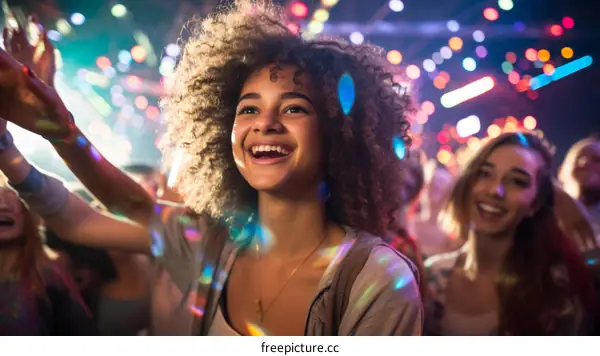 Young woman with curly hair dancing at a party with multi-colored lights in the background