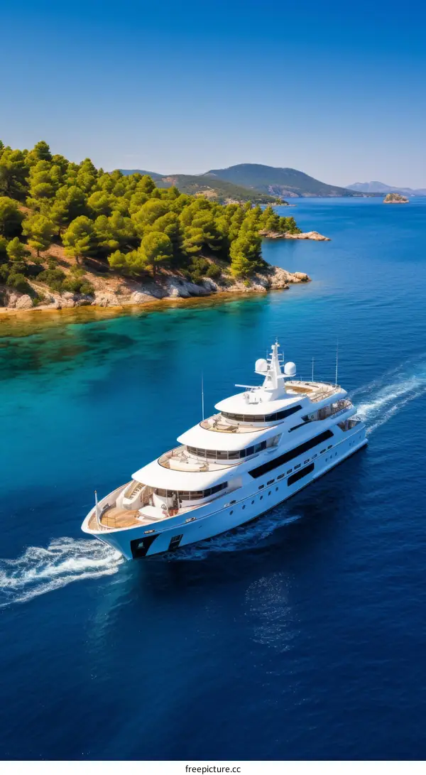 A luxury yacht is cruising in the blue sea with green islands in the background