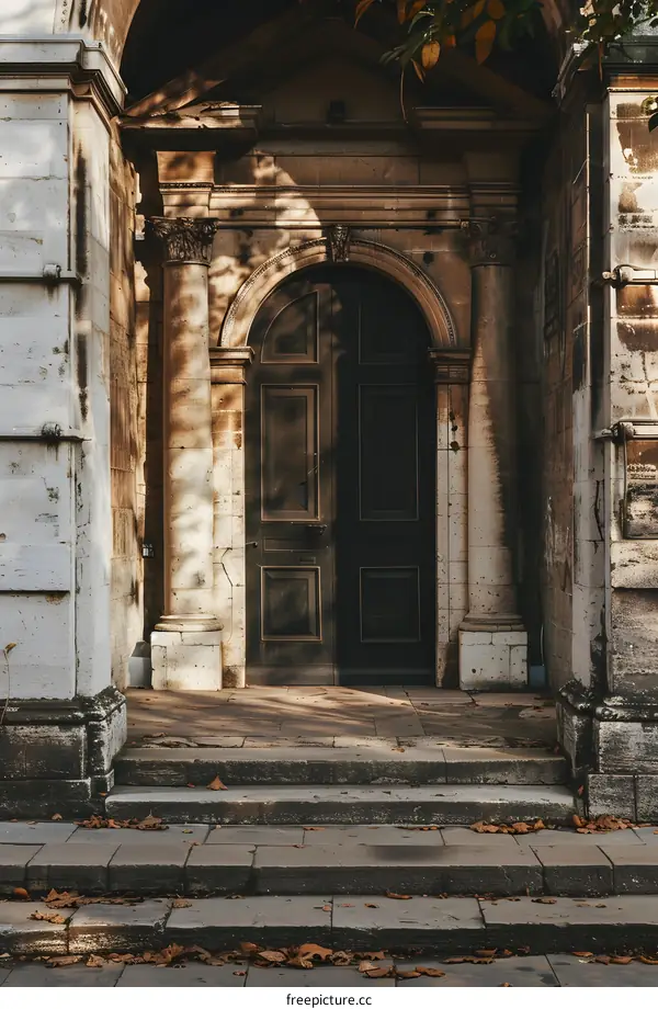 Stone Archway Entrance with Brown Door and Steps