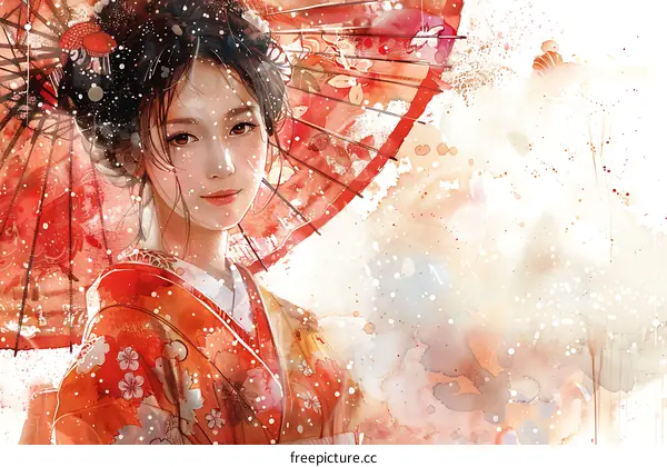 A girl in kimono holding an umbrella