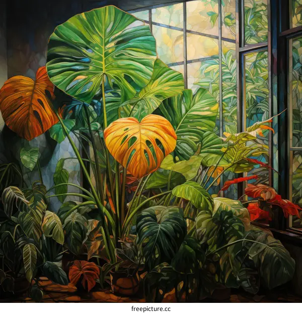 Vibrant Foliage of Giant Bird of Paradise by a Window