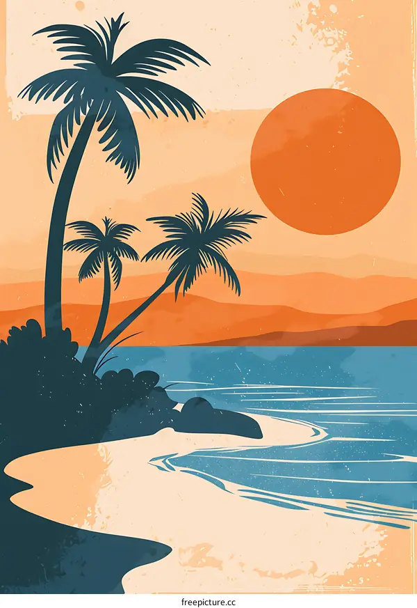 Tropical Sunset with Palm Trees and Beach