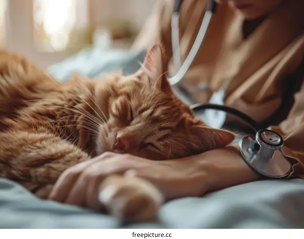 Close-up of a ginger cat sleeping on a woman's lap
