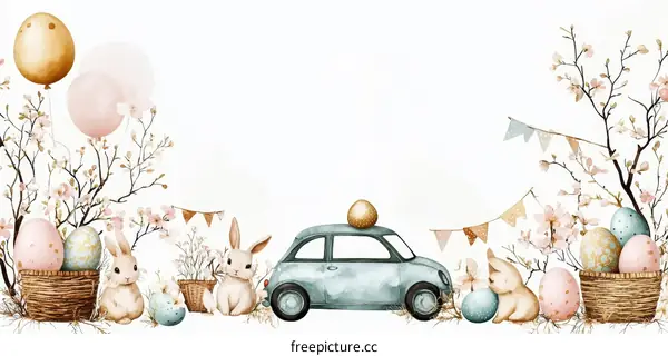Pastel Easter Watercolor Illustration with Rabbits