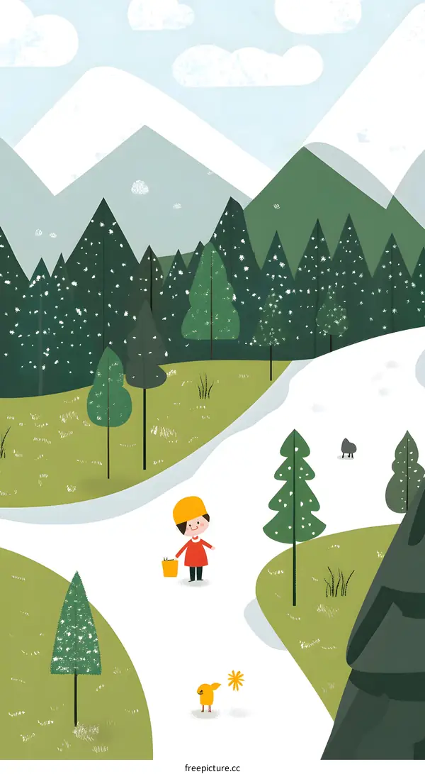 Little Girl Walking in Snowy Forest