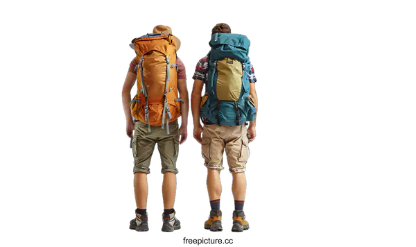 [Transparent Background PNG]Two Caucasian men with backpacks standing back to back