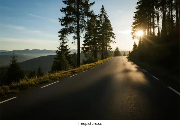 Sunlit road through pine trees with mountain view