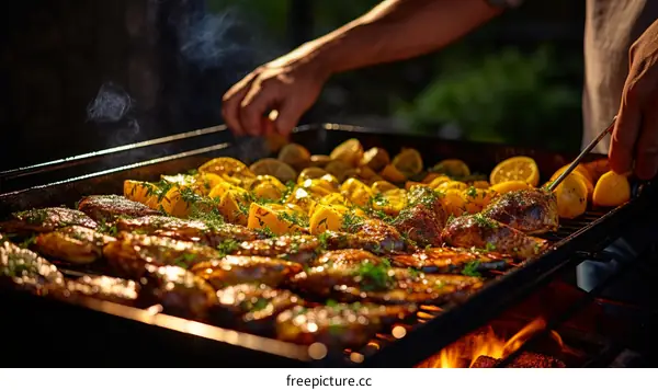 Person grilling meat and vegetables on a grill