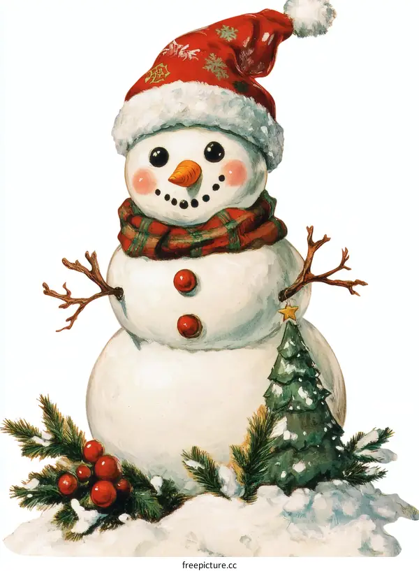 Christmas Snowman Illustration with Snow and Tree