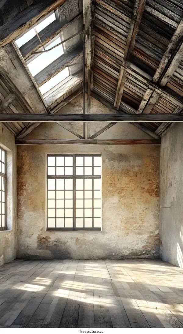 Old Rustic Attic Interior With Wooden Beams And Windows