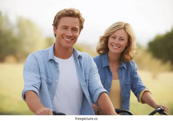 Happy young couple riding bicycles in a sunny outdoor field