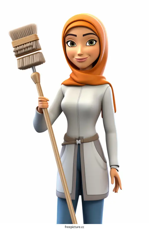3d illustration of a female janitor holding a broom