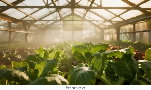 Greenhouse Interior with Fresh Leafy Vegetables Under Sunlight