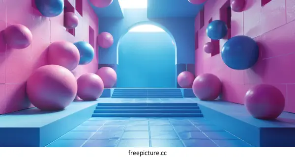 Pink and blue balls floating in a blue and pink room