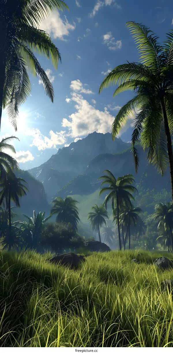 Tropical Paradise Landscape with Palm Trees and Mountains