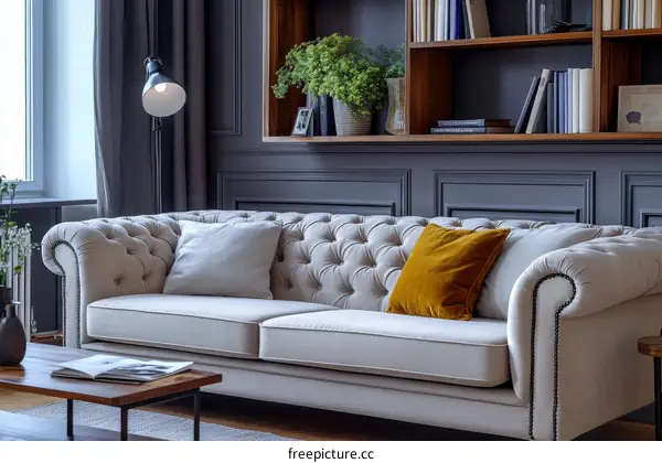 Elegant Living Room with Classic Sofa and Bookshelf