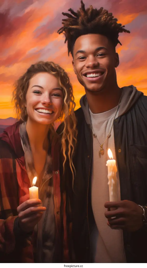 A smiling young couple holding candles