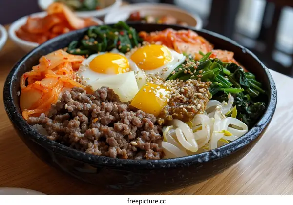 Korean food bibimbap with egg and beef in black bowl