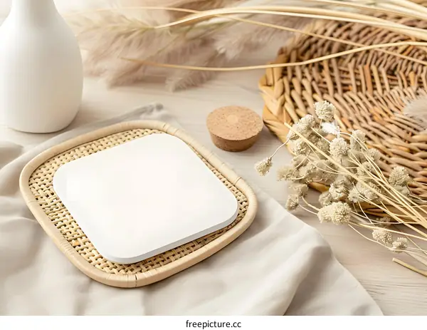 White Square Plate On Wicker Tray With Dried Flowers And Wooden Vase