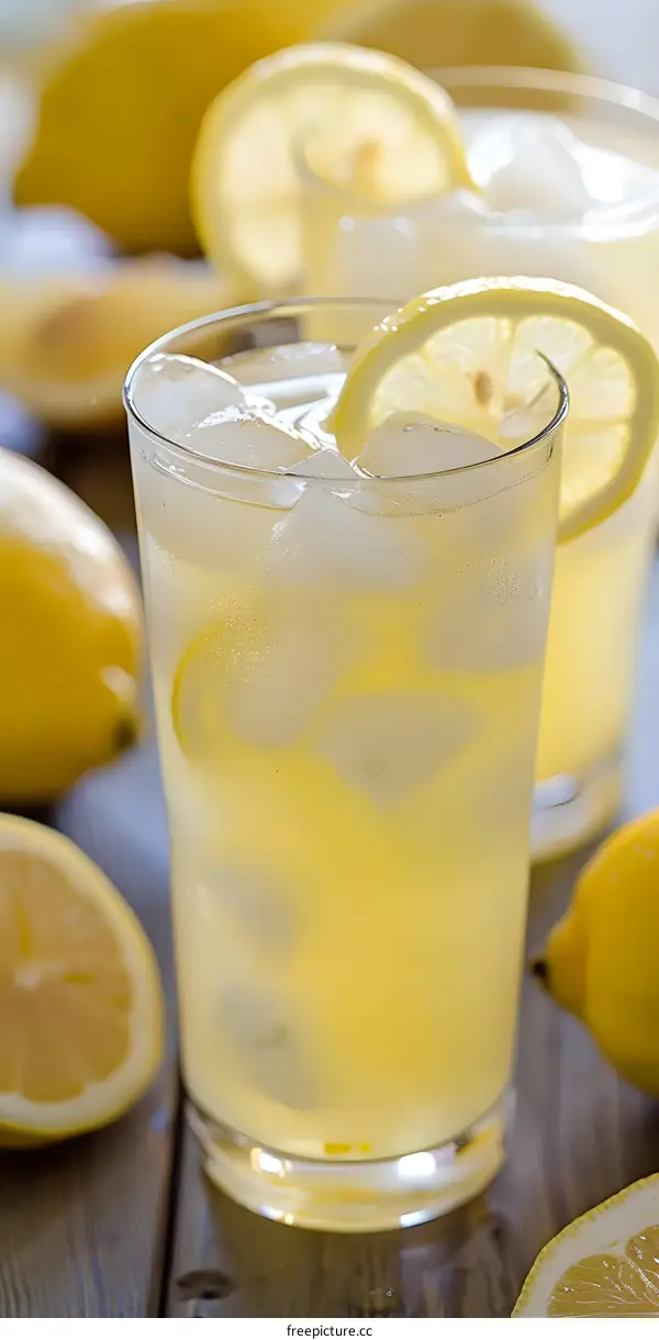 Refreshing Glass of Lemonade with Ice and Lemon Slices