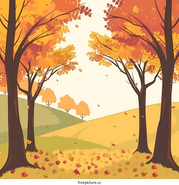 Autumn Landscape with Trees and Falling Leaves