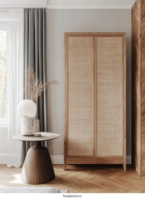 Modern Wooden Wardrobe with Rattan Details