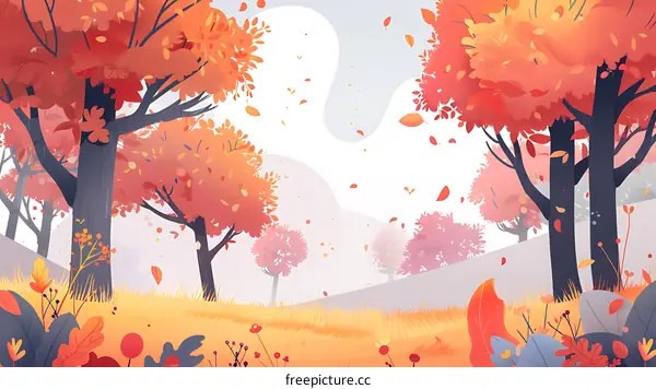 Autumn Forest Illustration with Falling Leaves