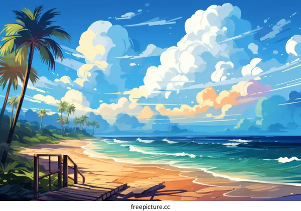 Tranquil Palm Tree Beach Scene with Walkway