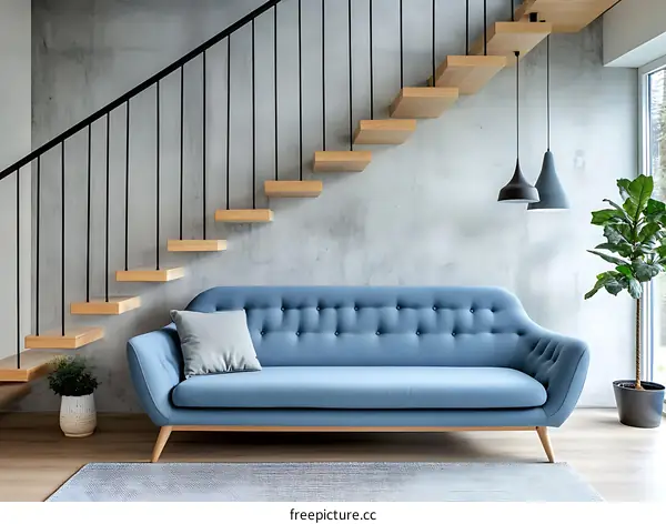 Modern Interior Design with Wooden Stairs and Blue Sofa