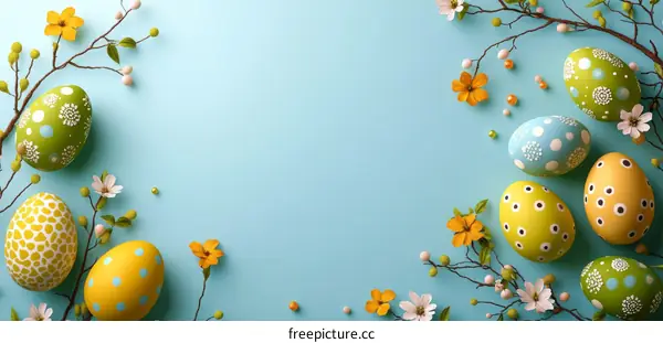 Easter Eggs and Flowers on a Light Blue Background