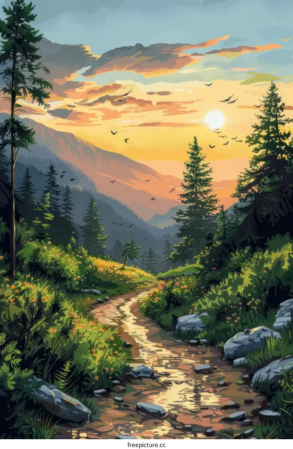 Sunset Over a Serene Mountain Valley