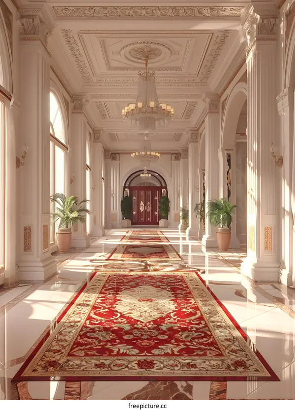Luxury palace hall interior with marble floor, crystal chandelier, and red carpet