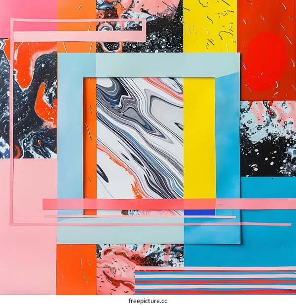 Abstract Colorful Collage Art with Marbled Patterns