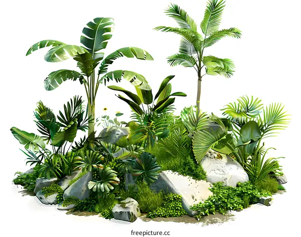 lush green tropical foliage plants and palm trees