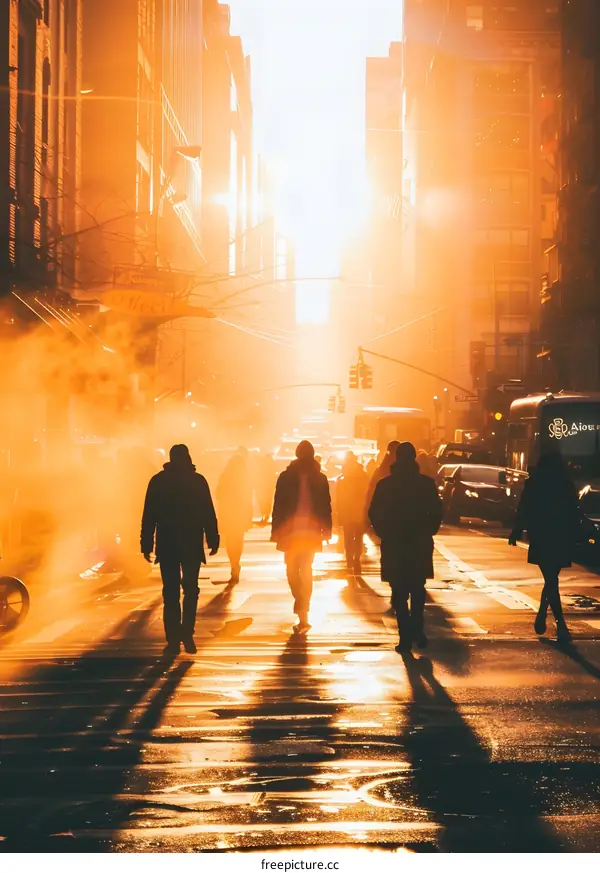 Silhouettes of People Walking on a City Street at Sunset
