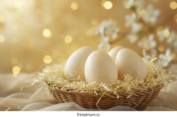 Three eggs in a basket with white flower petals