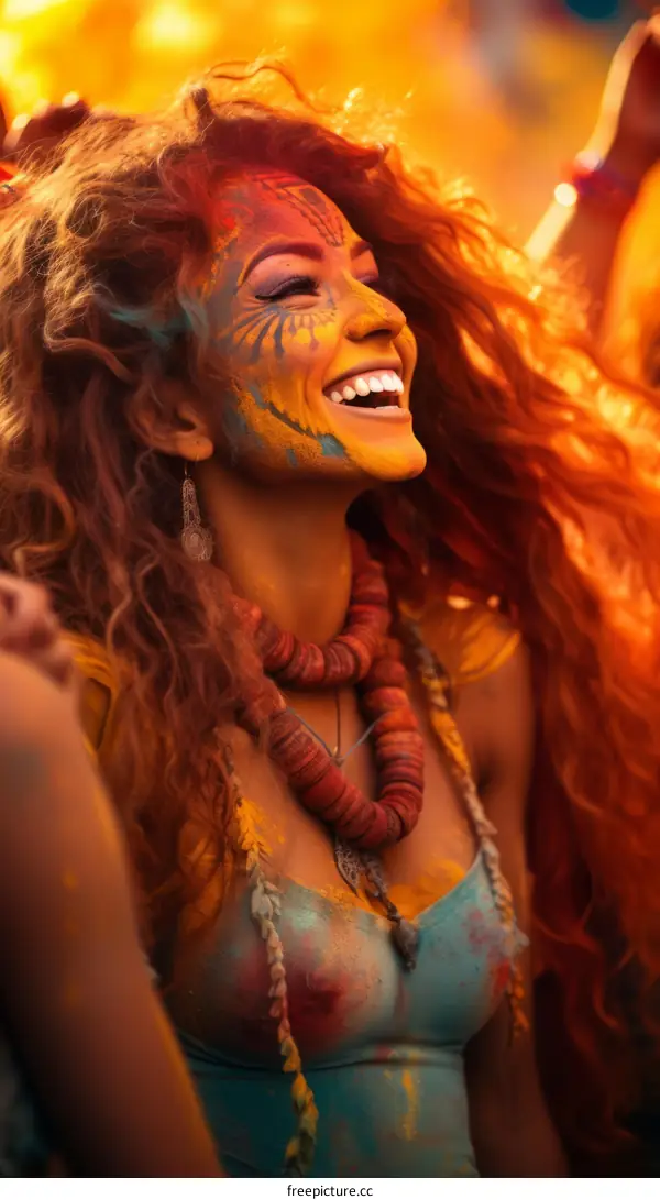 Ecstatic woman covered in colorful powder at a music festival